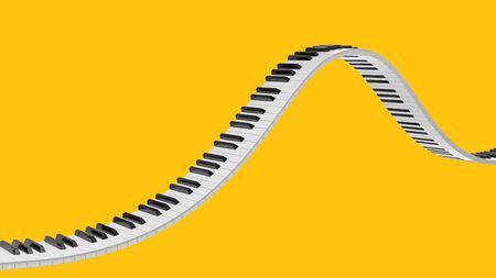 Wavy grand piano keyboard isolated on yellow background. Abstract design for music banners. 3D rendering image.の写真素材