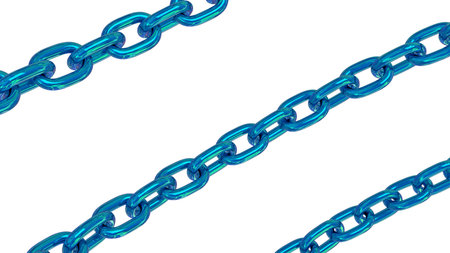 Abstract blue chrome metal chain. Isolated design. 3D rendering image.