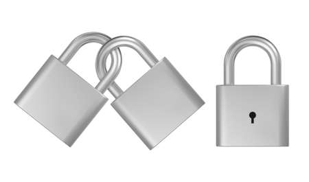 Crossed closed locks. Realistic silver metal padlock vector illustration.のイラスト素材