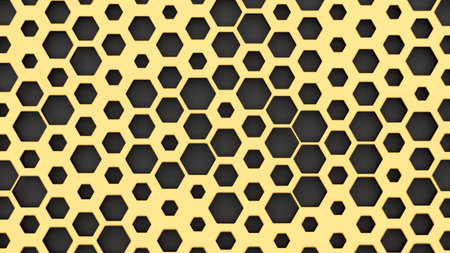 Abstract golden random hexagon pattern on black background. 3D rendered image.