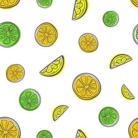 Seamless hand drawn fruit pattern. Citrus food concept. Orange, lime and lemon slices vector texture.のイラスト素材
