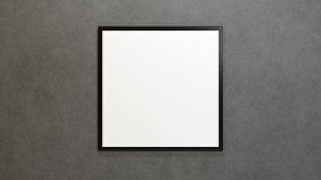 Big square picture hanging on gray concrete wall. Template of poster with a black frame. 3D...