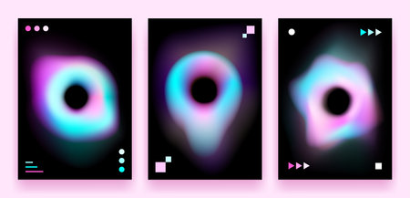 Set of posters with abstract distorted splashes on black background. Minimal vector holographic...
