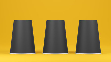 Flipped black paper coffee cup on yellow background. 3D rendered mockup.の写真素材