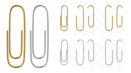 Realistic metal vector paper clips set. Golden and steel clips template.のイラスト素材
