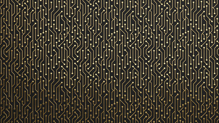 Circuit board background. Golden microchip pattern. Technology concept. 3D rendered image.