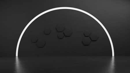 Black studio hall room with hexagon pattern and round light on the wall. Empty dark futuristic stage with reflection on concrete floor. 3D Rendered image.の写真素材