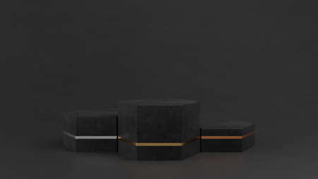 Black marble empty winners podium. First, second and third places pedestal on black background. 3D rendering image.の写真素材