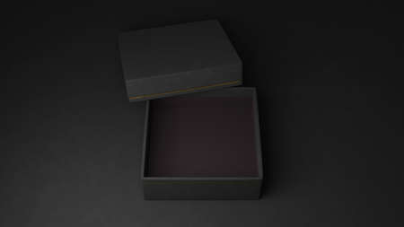 Half open square black box and lid. Luxury mockup of paper package with golden line. 3D render image.の写真素材