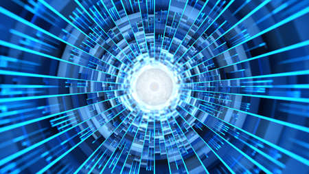 Sci-fi abstract tunnel with blue light beams and random panels. 3D rendered image.の写真素材