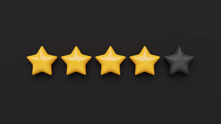 Glossy yellow five star rating on a black background. 3D rendered image.の写真素材