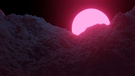 Mountain sunset with pink sun. Futuristic landscape background. 3D render image.の写真素材