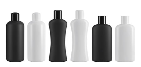Black and white plastic cosmetic bottle. Realistic vector mockup for shampoo or shower gel design.のイラスト素材