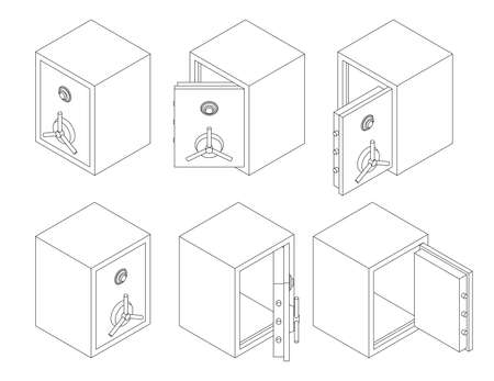 Isometric empty safe with open and closed door. Outline vector illustration.のイラスト素材