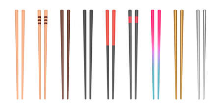 Realistic vector wooden and metallic chopsticks. Asian utensils set. Classic and modern black, brown, golden and silver chopsticks.のイラスト素材