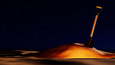 Showel on the pile of sand with night sky on background. Searching treasure or archeology concept....
