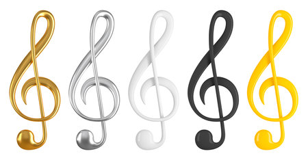 Realistic vector treble clef set. 3D illustration of golden, silver and yellow glossy music sign.のイラスト素材