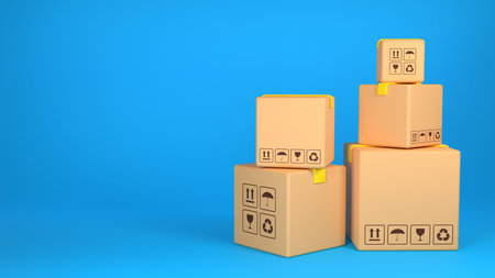 Stack of big and small cardboard boxes with yellow tape. Delivery or relocation concept. Minimalist...