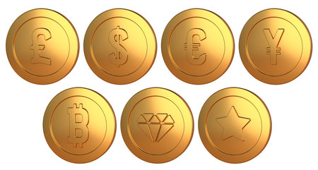 Golden coins with currencies symbols. Elements for currency exchange design. 3D rendered image.の写真素材