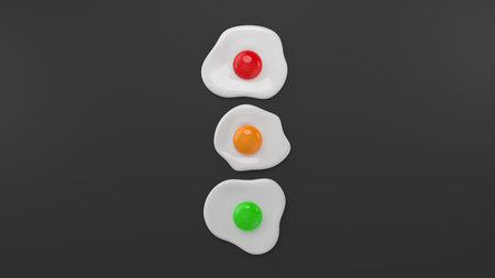 Traffic lights made of fried eggs on black background. 3D rendered concept.