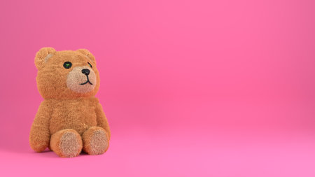 Sitting cute Teddy Bear fluffy toy with on pink background. 3D rendered banner.の写真素材
