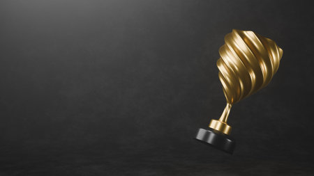Golden winner cup on dark background. Realistic trophy awards. 3D rendering.の写真素材
