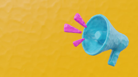 Plasticine style blue megaphone on yellow background. Advertising or promotion banner concept. 3D rendering.の写真素材