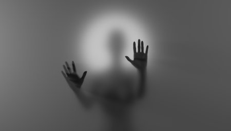 Blurred silhouette behind matte glass. Creepy Halloween concept.の写真素材