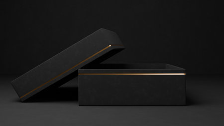 Open black box. Premium package front view. 3D rendering.の写真素材