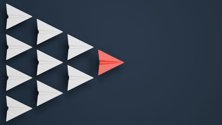 White and red paper plane group. Leadership concept background. 3D rendering.