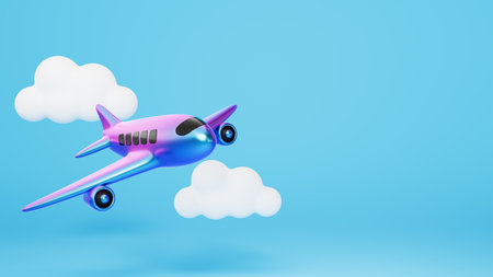 Rainbow airplanes flying in the clouds. Cartoon airplane banner with copy space. 3D rendering.の写真素材