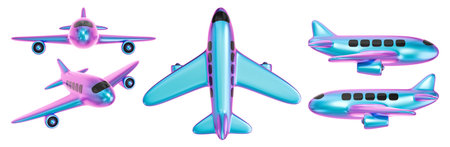 Iridescent airplanes in different angles. Isolated set of cartoon airplanes for aviation design. 3D...
