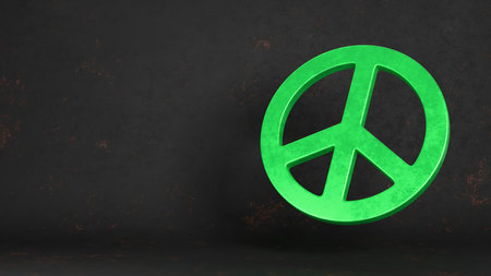 Green metal peace symbol on black background. 3D rendering.の写真素材