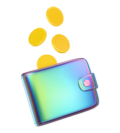Cartoon, falling rainbow colors wallet with coins. Cryptocurrency wallet design. 3D rendering.の写真素材