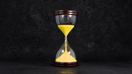 Retro hourglass on black background. 3D rendered sand watch.の写真素材