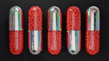 Holographic grungy metal pill capsules with red granules inside. Futuristic pill background for modern technological medical design. 3D rendering.の写真素材
