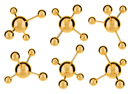 Abstract golden molecule set. Isolated atoms for chemical and biology design concepts. 3D rendering.の写真素材