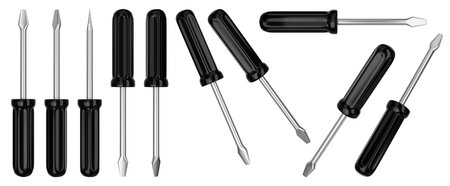 Isolated black screwdriver tool set from multiple angles. 3D rendering.の写真素材