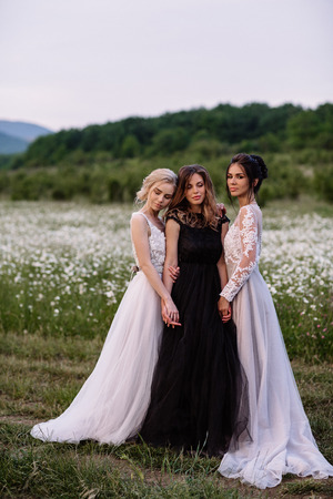 three beautiful girls brunette and blonde, brown-haired woman enjoying Daisy field, nice long dresses, pretty girl relaxing outdoor, having fun, happy young lady and Spring green nature, harmony conceptの写真素材