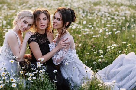 three beautiful girls brunette and blonde, brown-haired woman enjoying Daisy field, nice long dresses, pretty girl relaxing outdoor, having fun, happy young lady and Spring green nature, harmony conceptの写真素材