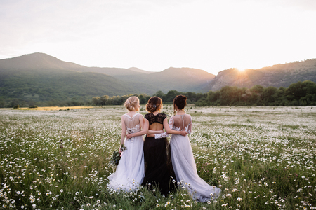 three beautiful girls brunette and blonde, brown-haired woman enjoying Daisy field, nice long dresses, pretty girl relaxing outdoor, having fun, happy young lady and Spring green nature, harmony conceptの写真素材