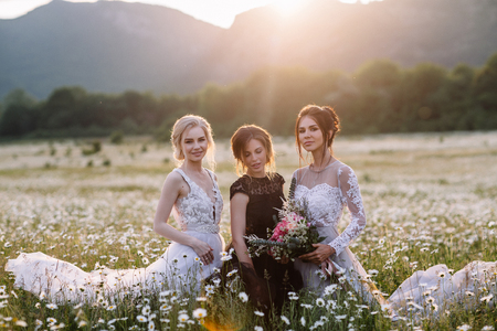 three beautiful girls brunette and blonde, brown-haired woman enjoying Daisy field, nice long dresses, pretty girl relaxing outdoor, having fun, happy young lady and Spring green nature, harmony conceptの写真素材