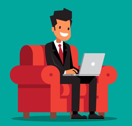 Business man is sitting on a red armchair with laptop. Vector illustration.のイラスト素材