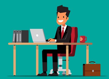 Happy business man sit at the table. Vector illustration.のイラスト素材