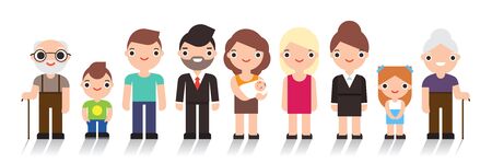 Happy people. Big cheerful family. Father, mother, grandfather,grandmother, children. Vector illustration flat design isolated on white backgroundのイラスト素材