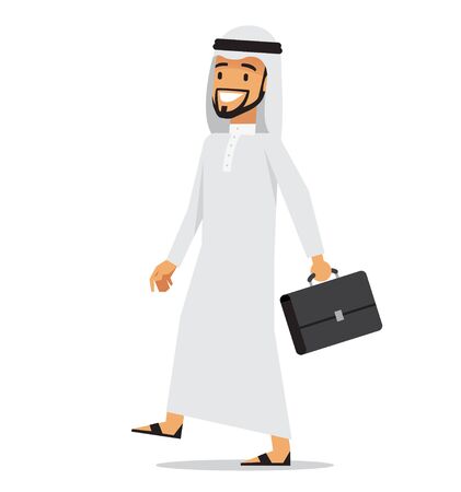 Walking arabic business man with briefcase. Vector character design.のイラスト素材