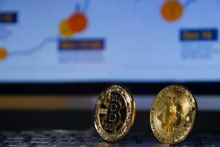 Bitcoin two coins closeup on a black keyboard