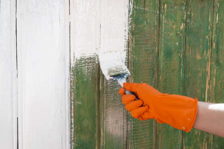 A workers hand in an orange glove paints an old wooden fence white with a brush. Household repair, construction. Copy space for text. Selective focusの写真素材