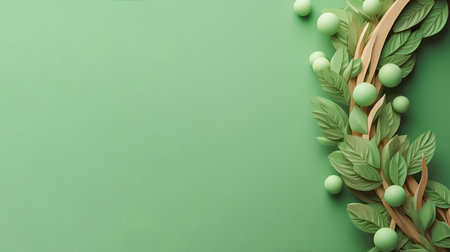 A wreath carved from wood on a light green background. A stylized garland of intertwined stems with leaves and round berries. Postcard, blank for text. Banner for the holiday. Copy spaceの素材