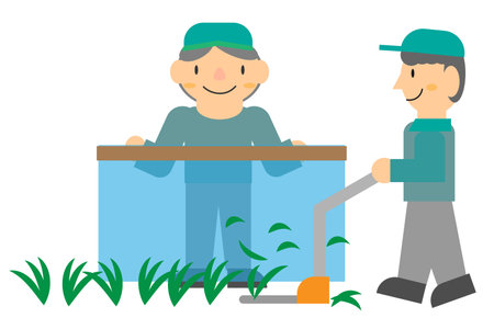 People who are mowing grass and people who have anti-scattering netsのイラスト素材